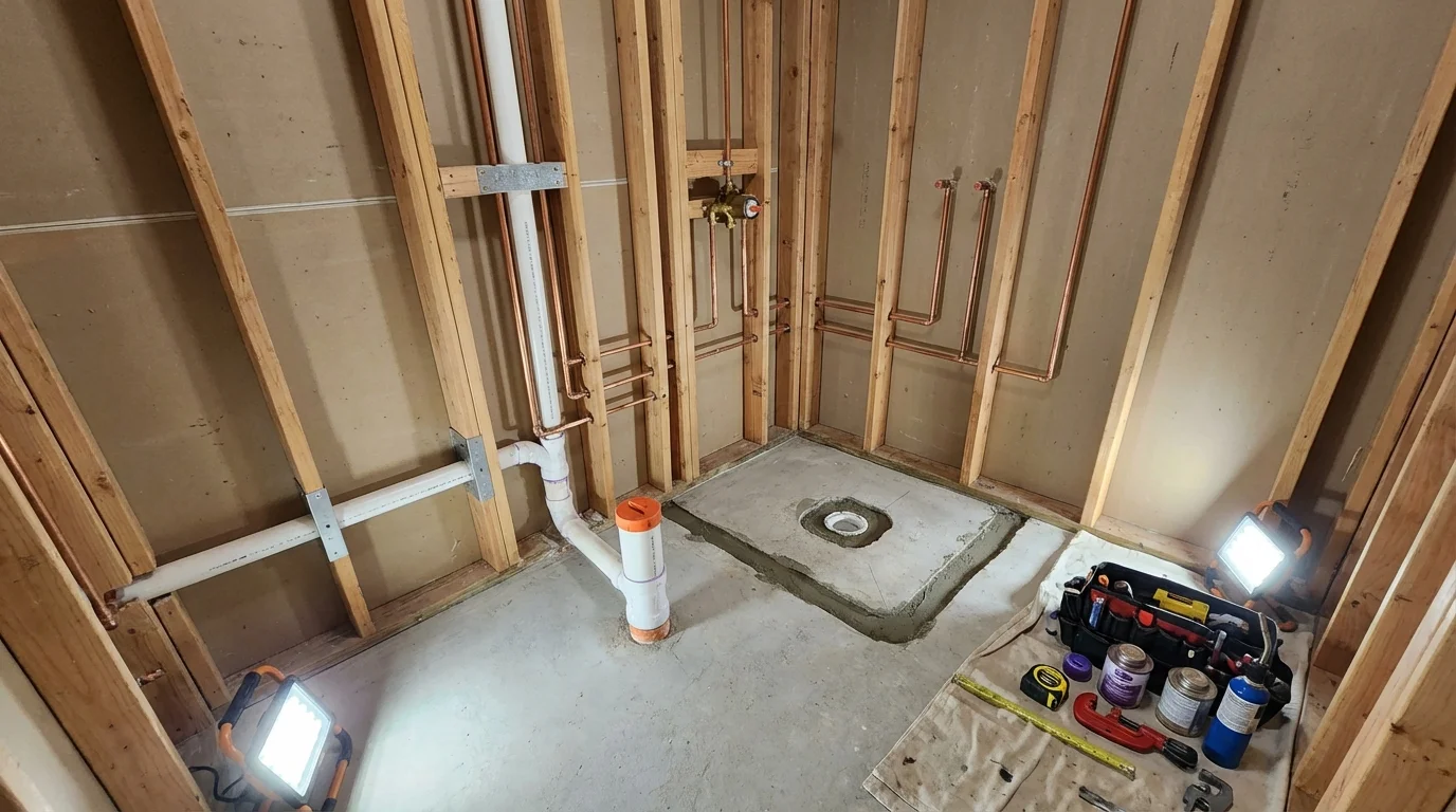 Bathroom rough-in plumbing during remodel by Johns Plumbing LLC in Antigo