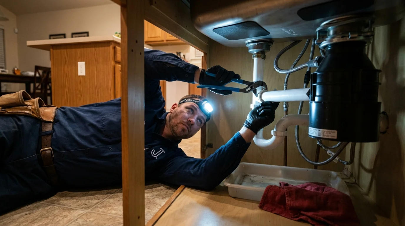 P-trap and supply line connections under a kitchen sink showing a common leak point in Antigo, WI
